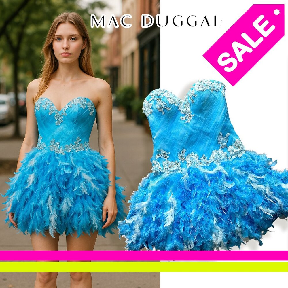 Mac Duggal Prom Birthday Feather Dress in Vibrant Blue with Lace and Crystals